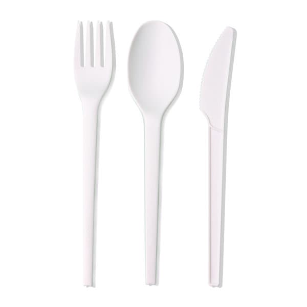 A set of white biodegradable cutlery including a fork, spoon, and knife, with a simple design. Custom Disposable Biodegradable Cutlery Set - Image 1