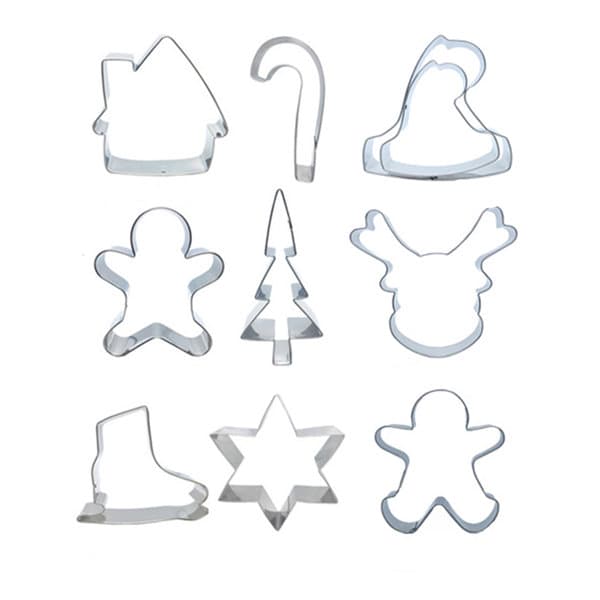 A set of nine custom shape stainless steel cookie cutters, featuring various festive designs in metallic silver. Custom Shape Stainless Steel Cookie Cutter - Image 1