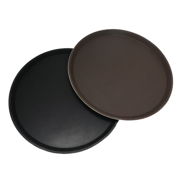 Two round non-slip serving trays in brown and black, featuring a smooth surface and an understated design. Custom Round Non Slip Serving Tray - Image 1