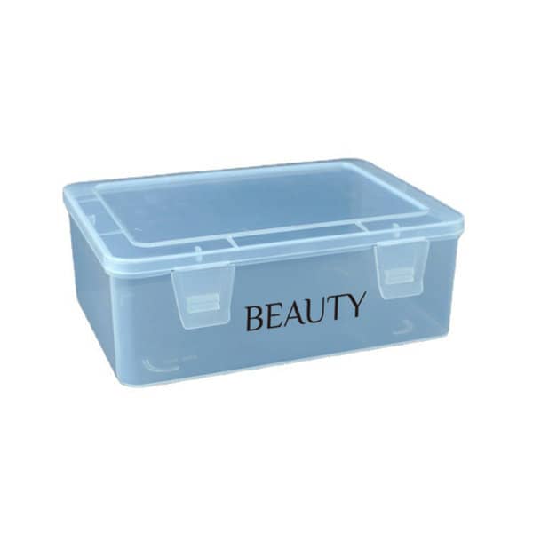 A clear rectangular storage box with a flip-top lid, featuring a logo and a black label stating "BEAUTY." Custom Rectangular Clear Flip Top Storage Box - Image 1
