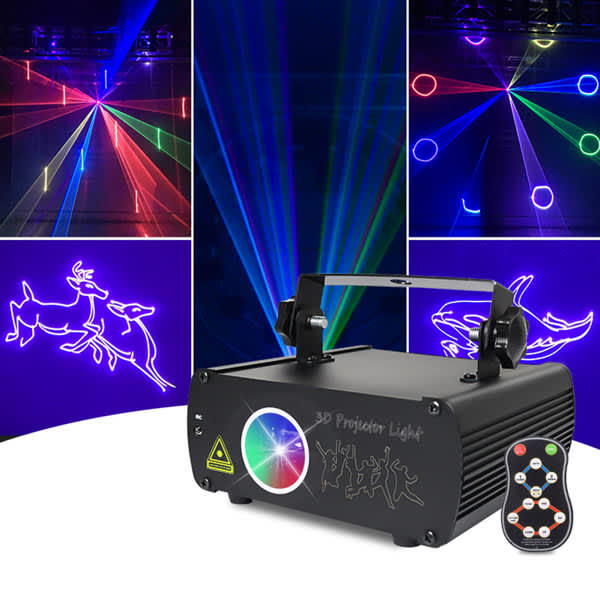 A black DJ laser light projector displaying colourful red, green, and blue animated laser patterns, with a remote control. Animation DJ Laser Party Lights - Image 1