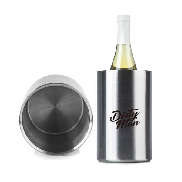 A stainless steel wine cooler with a bottle of white wine inside, featuring a branded logo on the side. 1.6L Premium Stainless Steel Wine Cooler - Image 1