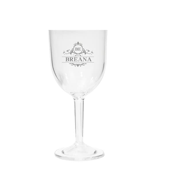 A clear 12 oz. plastic wine glass with a stem and a logo design. 12 oz. Custom PC Plastic Wine Glass - Image 1