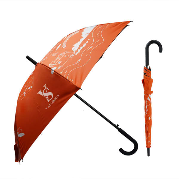 An orange straight long handle umbrella with a curved black handle, featuring a design and a logo. Straight Long Handle Sun Rain Umbrella - Image 1