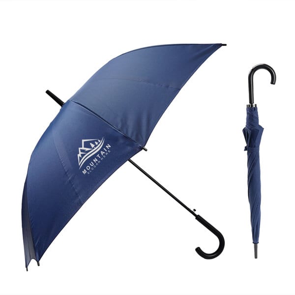 A long handle straight umbrella in navy blue with a black curved handle and a logo on the canopy. Long Handle Straight Umbrella - Image 1