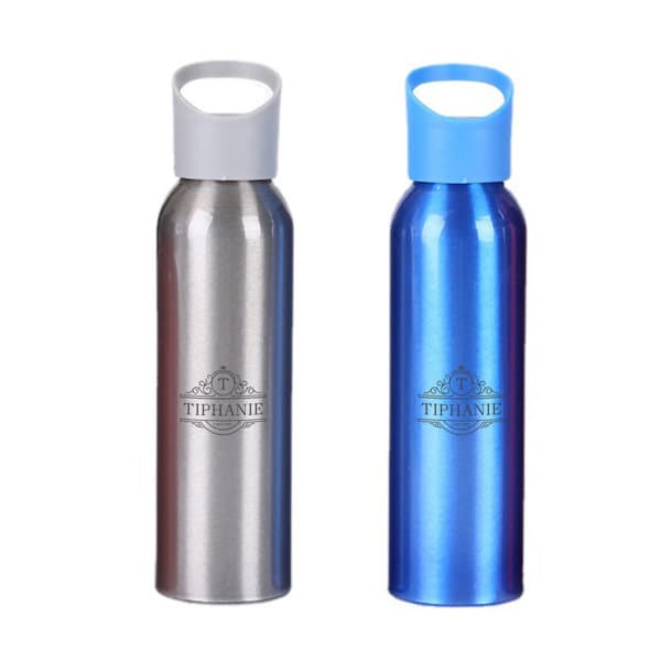 A drink bottle set featuring a silver aluminum bottle with a grey lid and a blue bottle with a blue lid, both with branding. Aluminum Sport Water Bottle - Image 1