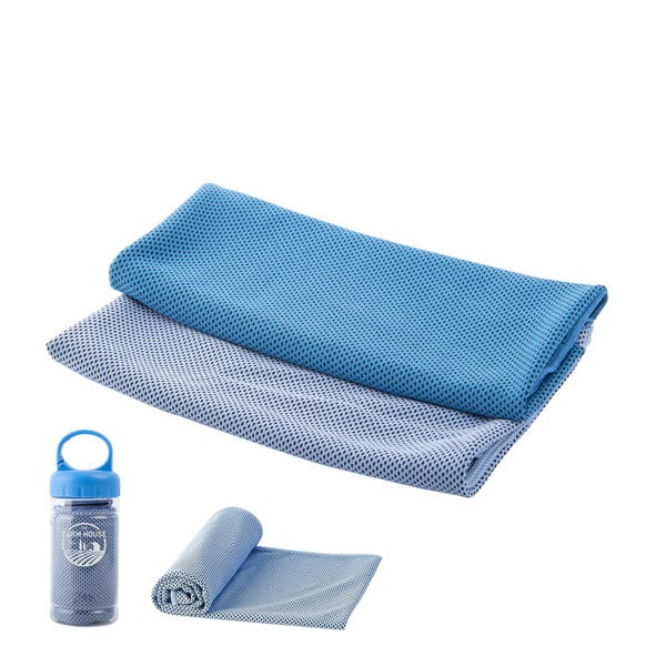 A lightweight microfiber cooling gym towel in blue and light blue, accompanied by a matching drink bottle with a logo. Lightweight Microfiber Cooling Gym Towel - Image 1