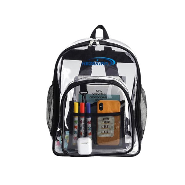 A transparent clear backpack in black and clear, featuring mesh side pockets and various items like pens and a phone inside. Heavy Duty Transparent Clear Backpack - Image 1
