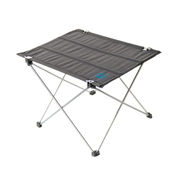 A folding table in black with a silver frame, featuring a logo on one side and designed for outdoor use. Nylon Folding Table With Carrying Bag - Image 1