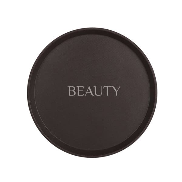 A round, black tempered non-slip food service tray with a slight lip and a logo in the centre. Tempered Non-Slip Food Service Tray - Image 1