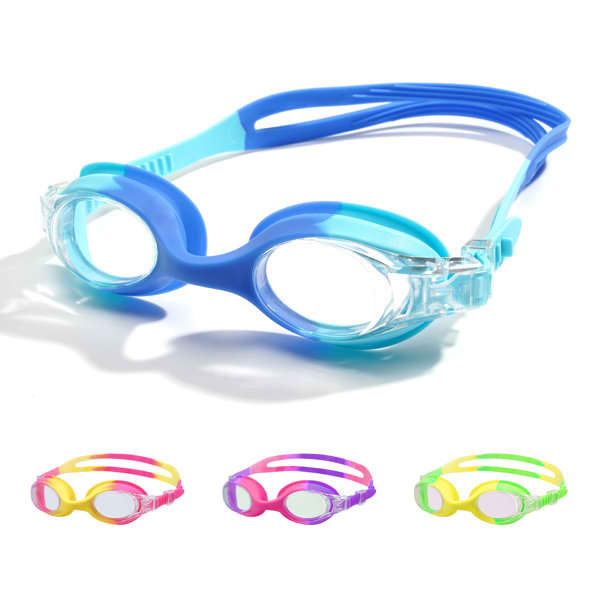 Kids swim goggles in blue and turquoise, featuring clear lenses and a variety of strap colours: pink, purple, and yellow. Kids Swim Goggles - Image 1