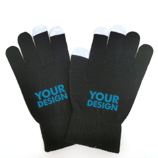 Black knitted touchscreen gloves with light grey tips and a branding logo. Suitable for use with touchscreen devices. Touchscreen Knitted Gloves - Image 1