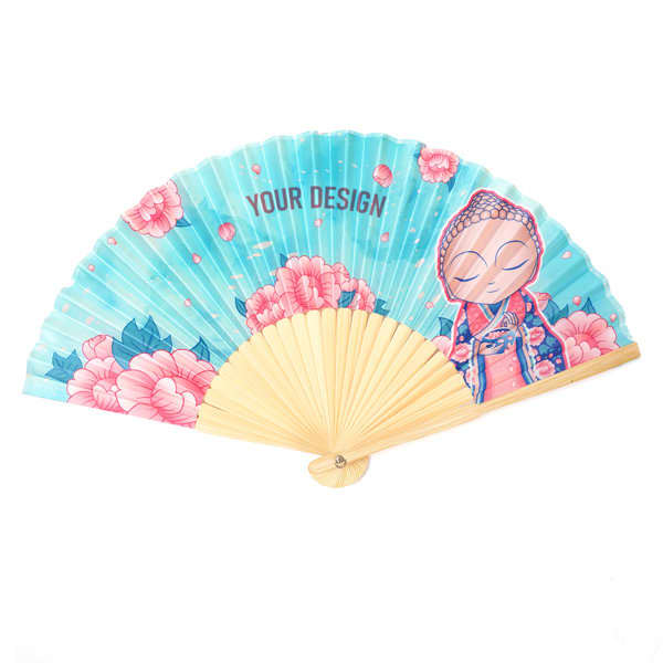 A bamboo folding fan featuring a vibrant design with flowers and a serene figure, predominantly in blue and pink tones. Cloth Bamboo Folding Fan - Image 1