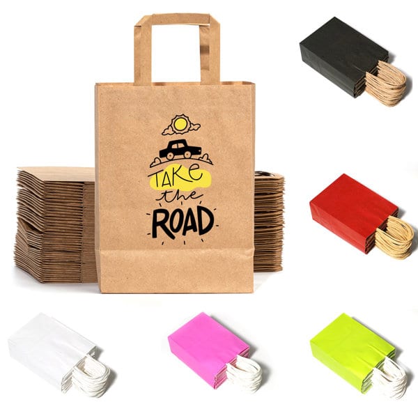 A kraft paper gift bag in brown with a logo, surrounded by smaller bags in black, red, white, pink, and green. Kraft Paper Gift Bag - Image 1