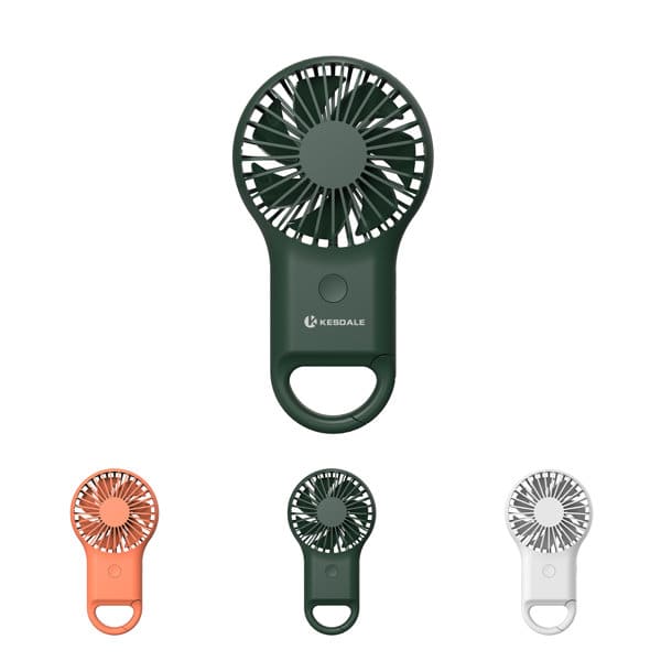 Mini rechargeable fan with carabiner, available in green, orange, and white. Features a logo on the front. Mini Rechargeable Fan With Carabiner - Image 1
