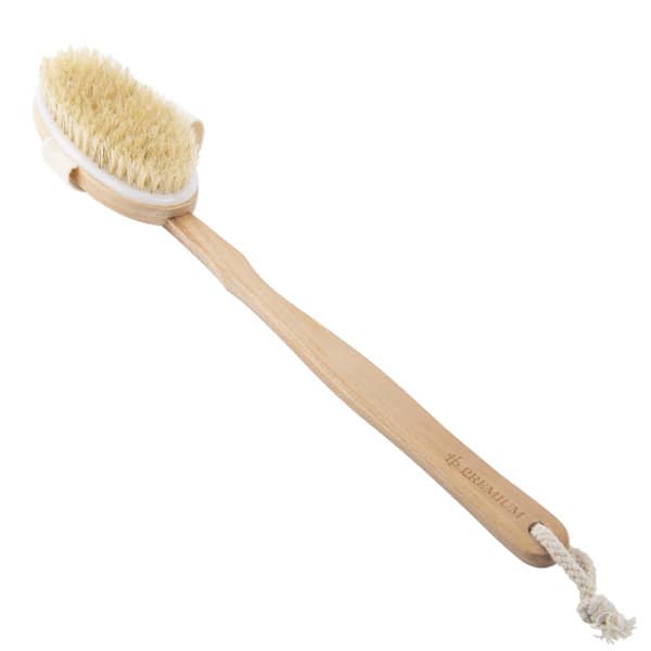 A detachable shower brush with a long wooden handle and natural bristles, featuring a hanging rope. Detachable Shower Brush With Long Handle - Image 1