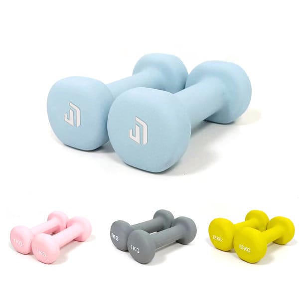 A pair of light blue 1kg dumbbell hand weights, with additional weights in pink, grey, and yellow displayed below. 1KG Dumbbell Hand Weights - Image 1