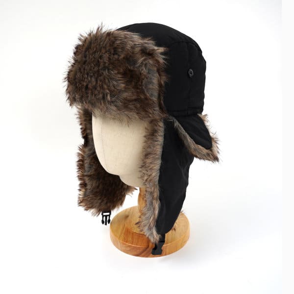 A black waterproof trapper hat with a faux fur trim, displayed on a mannequin head. Waterproof Trapper Hat - Image 1