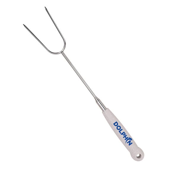 A stainless steel telescoping BBQ roasting fork with a white handle and a logo on it. Telescoping BBQ Roasting Fork - Image 1