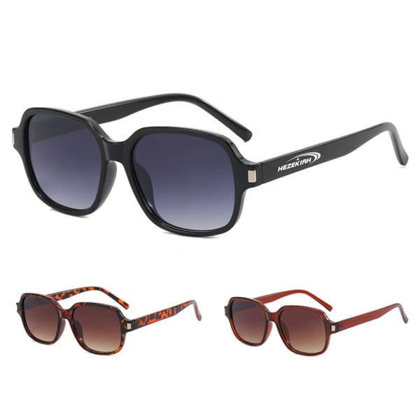 Custom printed sunglasses in black with gradient lenses, plus two additional pairs in tortoiseshell and dark red. Each pair features a logo. Custom Printed Sunglasses - Image 1
