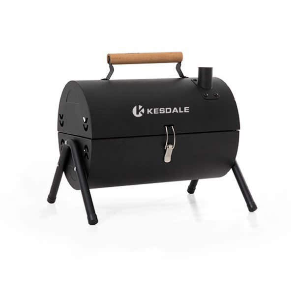 A portable drum barbecue charcoal grill in black with a wooden handle and metal stand, featuring a logo. Portable Drum Barbecue Charcoal Grill - Image 1