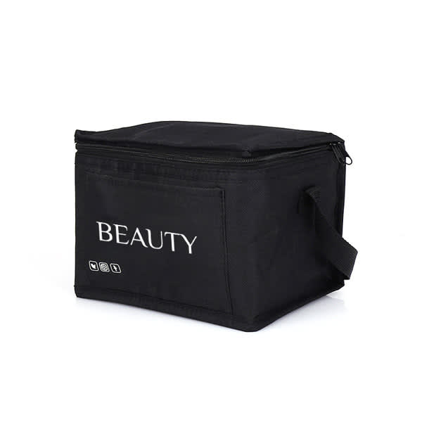 A black insulated cooler bag with a zip closure, featuring a handle and a logo on the front. RPET Oxford Cloth Insulated Cooler - Image 1