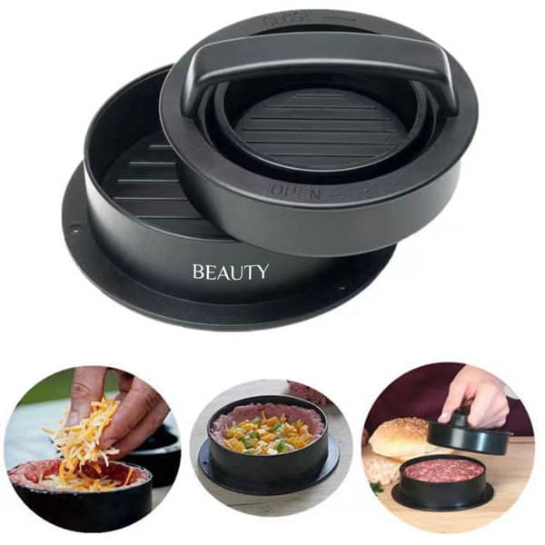 A round black burger patty maker with a textured press and removable base, featuring a branding logo. Round Burger Patty Maker - Image 1