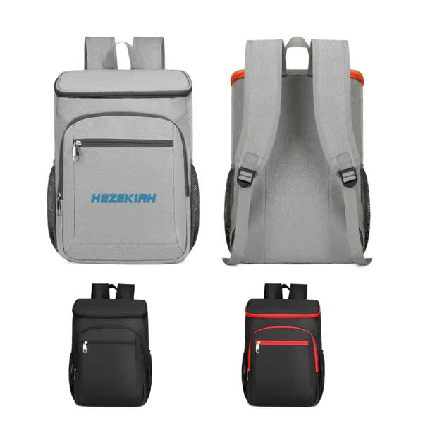 A grey insulated backpack with a front pocket and adjustable straps, alongside a black version with red accents and a pocket. Large Capacity Insulated Backpack - Image 1