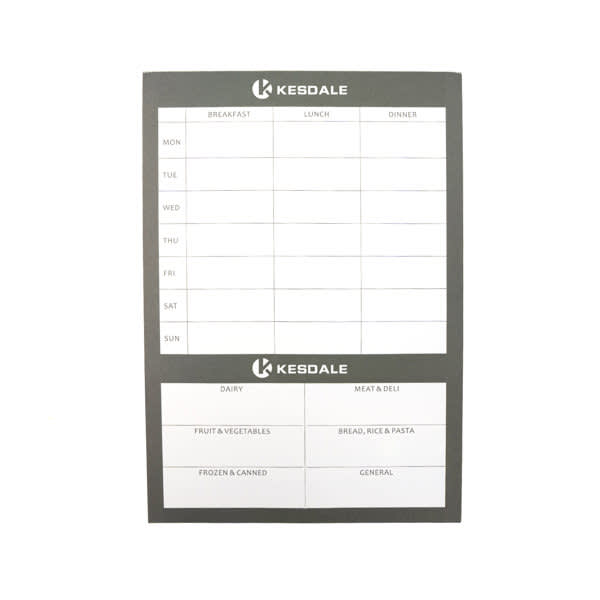 A weekly meal planner in grey with sections for breakfast, lunch, dinner, and grocery categories, featuring a logo. Weekly Meal Planner - Image 1