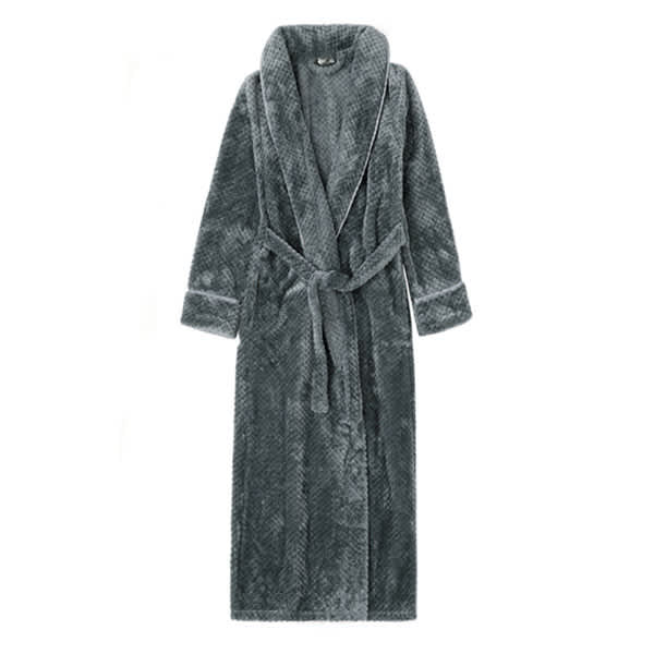 A grey unisex flannel bathrobe with a shawl collar and tie waist, featuring a soft, textured fabric. Winter Unisex Flannel Bathrobe - Image 1