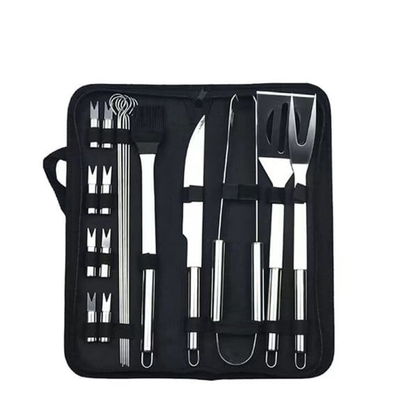 A portable BBQ tool set featuring 20 stainless steel pieces in a black carrying case, including spatula and tongs. 20 Pcs Portable BBQ Tools Set - Image 1