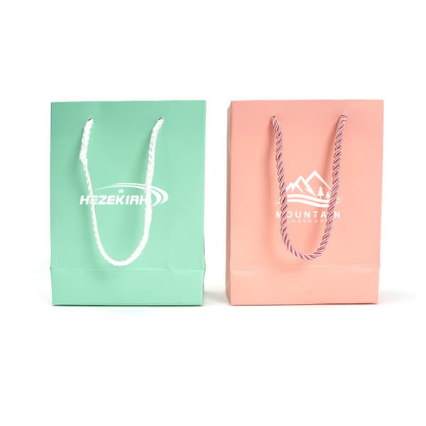 Two custom printed cardboard shopping bags, one teal and one peach, each with handles and logos. Custom Printed Cardboard Shopping Bag - Image 1