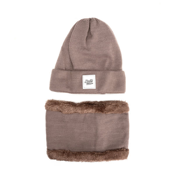 A brown beanie and matching neckwarmer set, featuring a soft interior and a logo patch on the beanie. Beanie And Neckwarmer Set - Image 1