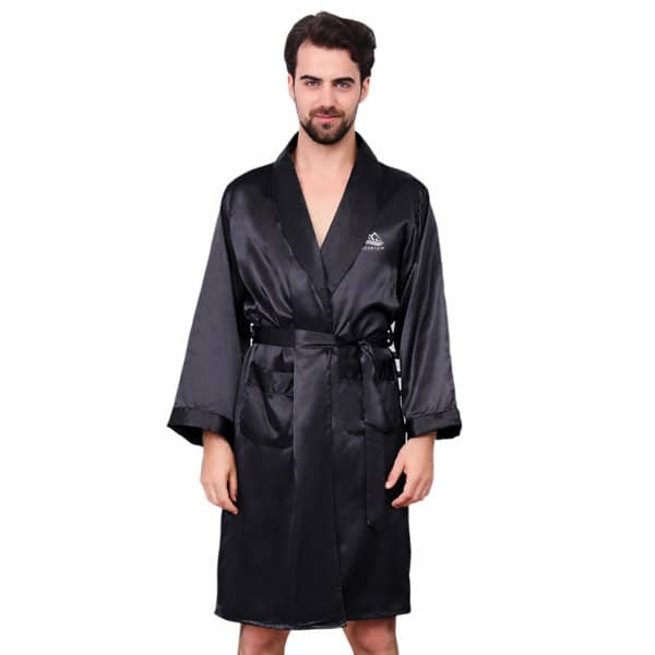 A men's black silk pajama robe featuring a belt, two pockets, and a logo on the chest. Men's Silk Pajama With 2 Pockets - Image 1