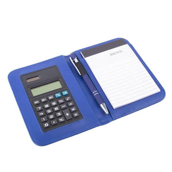 A blue leather notebook featuring a built-in calculator and a notepad with a pen. It has a logo on the cover. Leather Notebook With Calculator - Image 1