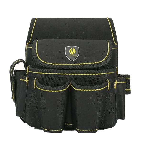 A multifunction electrician tool bag in black with yellow stitching and various external pockets. It has a logo on the front. Multifunction Electrician Tool Bag - Image 1