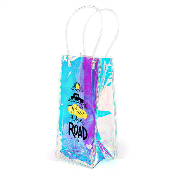A drink bottle cooler bag with an iridescent finish and white handles, featuring a graphic design and a logo. PVC Laser Wine Bottle Ice Bag - Image 1