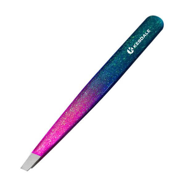 A stainless steel slant eyebrow tweezer with a gradient design in blue and pink, featuring a logo. Stainless Steel Slant Eyebrow Tweezer - Image 1