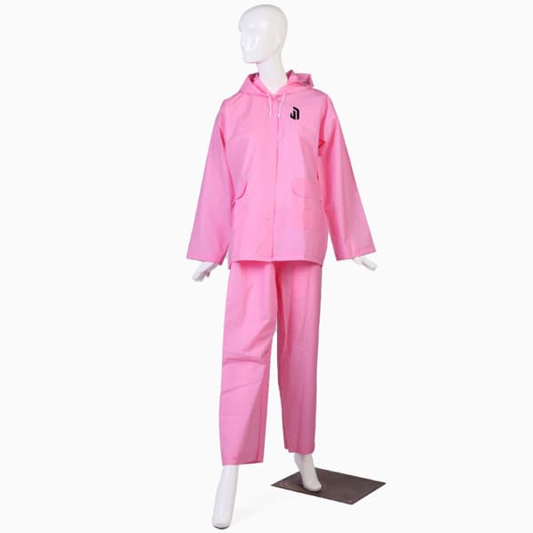 A pink rain coat and pant set displayed on a mannequin, featuring a logo on the coat. Outdoor EVA Spilt Rain Coat Pant Set - Image 1