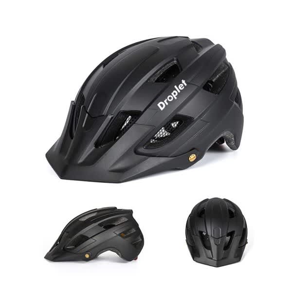 A black bike helmet with ventilation slots and a tail light attachment, featuring a logo on the side. Bike Helmet With Tail Light - Image 1