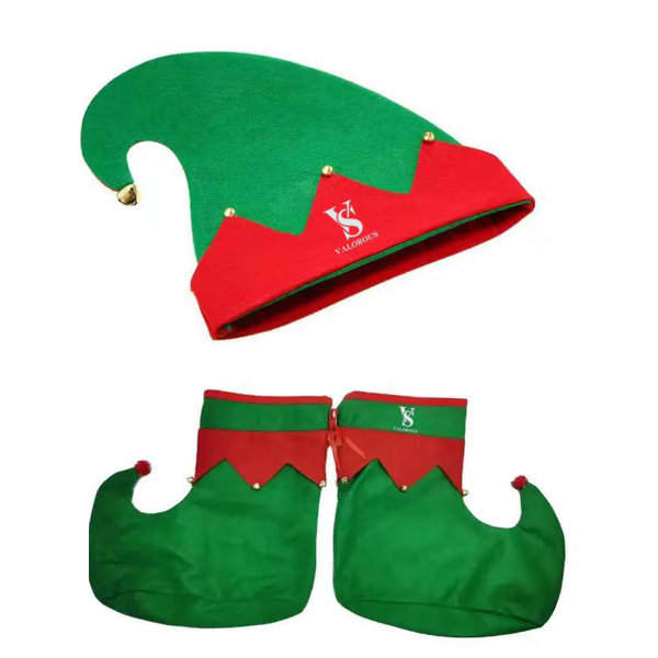 A green and red elf hat with bells and matching elf shoes, both featuring decorative points at the top. Felt Children's Christmas Elf Shoe And Hat Set - Image 1