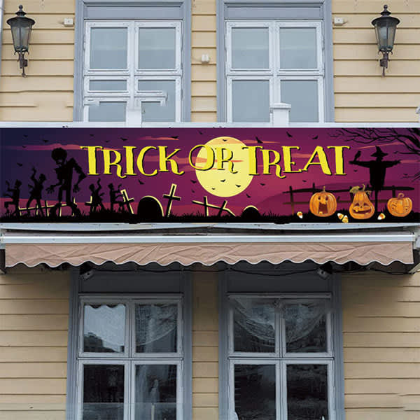 A custom Halloween banner featuring a spooky graveyard scene with pumpkins, ghosts, and a full moon, in purple and black. Custom Halloween Banner - Image 1
