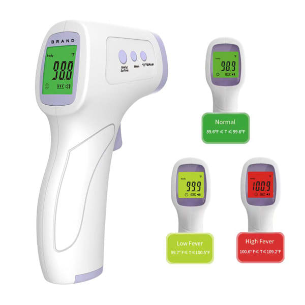 A white and purple non-contact forehead thermometer with digital display and colour-coded indicators for temperature readings. Non Contact Forehead Thermometer - Image 1