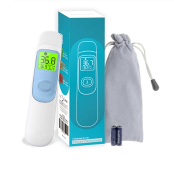 An infrared thermometer in white and blue, packaged with a grey pouch and batteries included. 3 in 1 Infrared Thermometer - Image 1