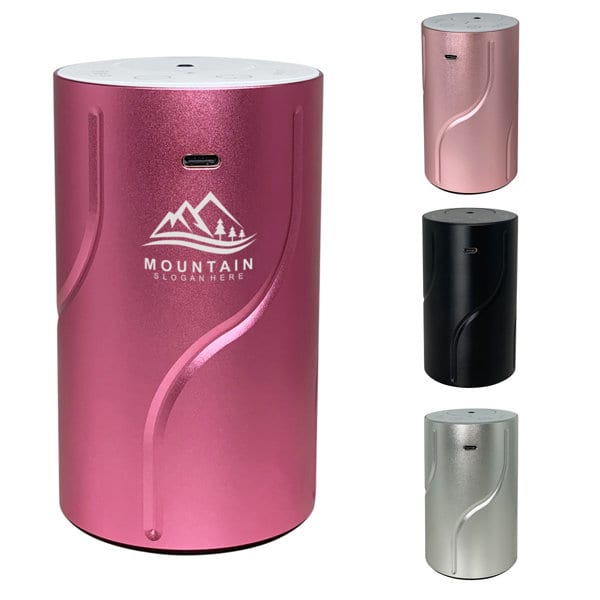 A USB electric aroma air diffuser in pink, silver, black, and white, featuring a logo on the surface. USB Electric Aroma Air Diffuser - Image 1