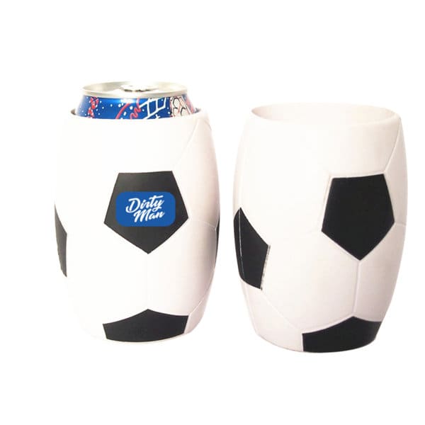 A drink bottle sleeve designed like a soccer ball, featuring a white and black pattern and a logo. PU Foam Beverage Can Sleeve - Image 1