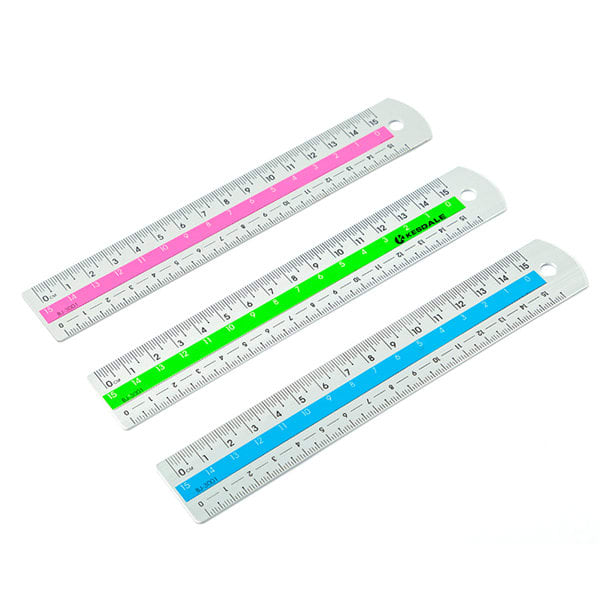 Three 6-inch aluminium alloy rulers in pink, green, and blue, featuring a logo and measurement markings. 6 Inch Color Cente Aluminum Alloy Ruler - Image 1