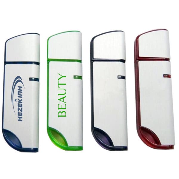 A knife shape USB flash drive available in white, green, and red, featuring logos on some models. Knife Shape USB Flash Drive - Image 1