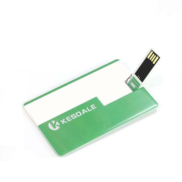 A green and white credit card-sized USB flash drive with a retractable connector and a logo. Credit Card USB Flash Drive - Image 1