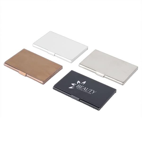 Four stainless steel business card holders in copper, white, silver, and black, featuring a logo on the black holder. Stainless Steel Business Card Holder - Image 1